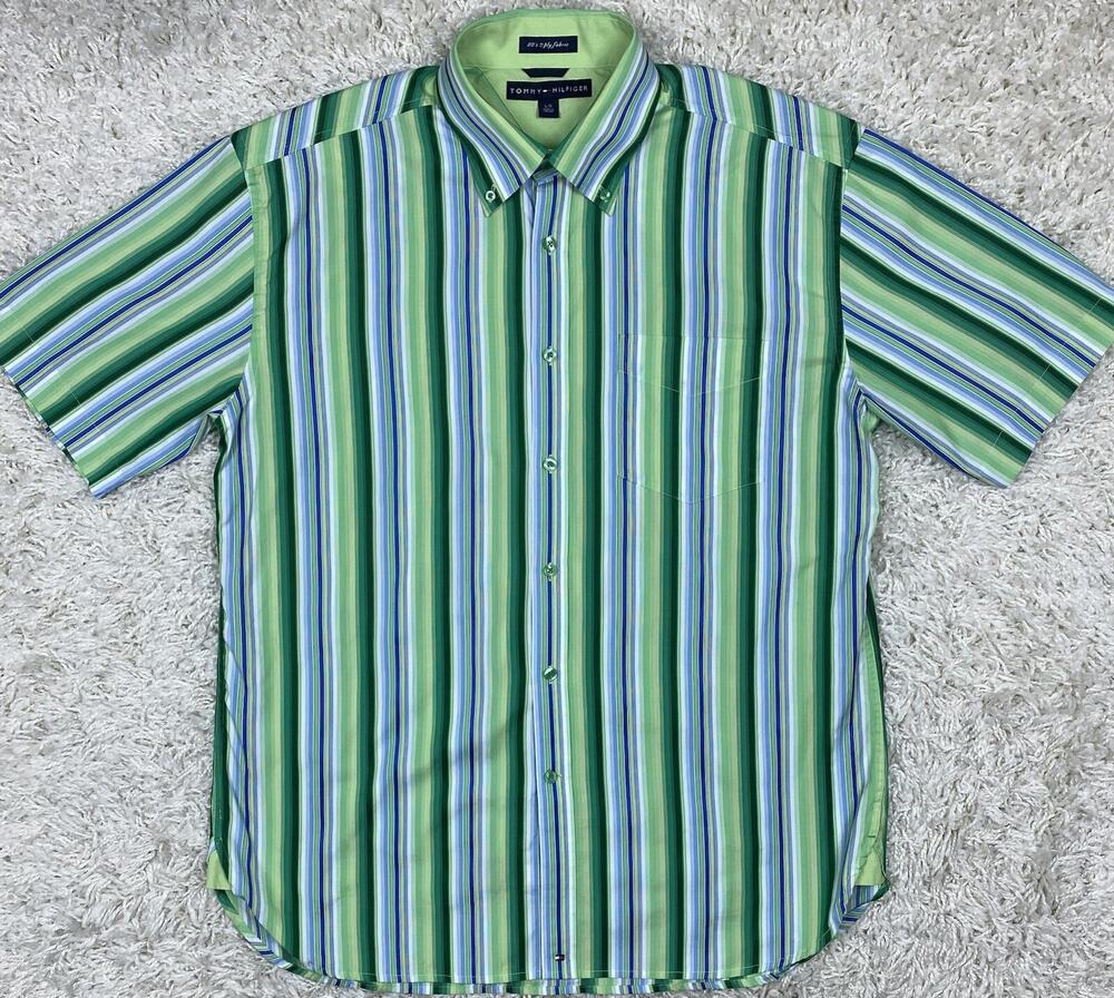 Vintage Tommy Hilfiger Striped Short Sleeve Shirt Mens L Green 2 Ply Y2K *READ